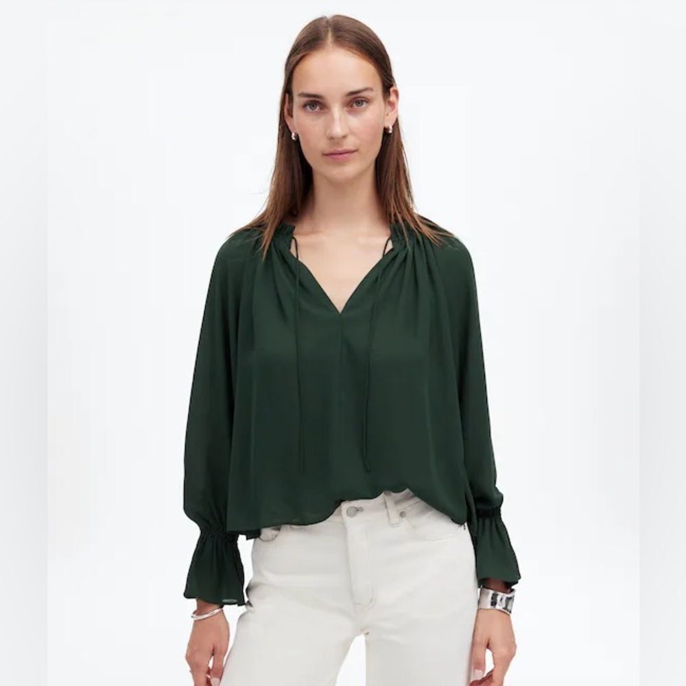 NWT Madewell Long-Sleeve Tie-Neck Top in Luxury Forest SZ Med